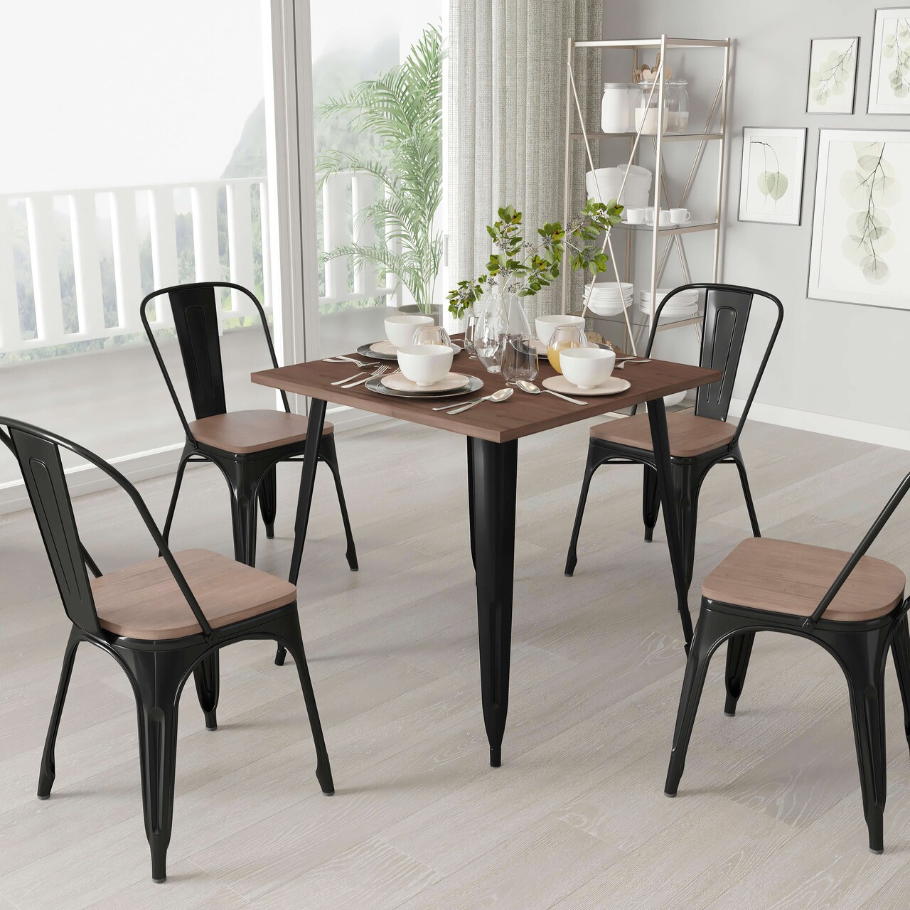 Merrick Lane Modern 31.5" Square Metal Table with Rustic Wood Top for Indoor Use
